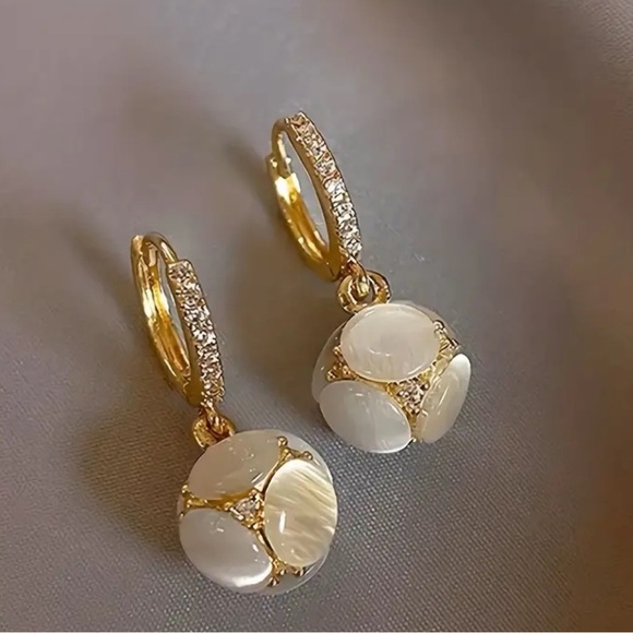 Exquisite Ball Design Moonstone Inlaid Dangle Earrings Elegant Copper Jewelry - Picture 3 of 4